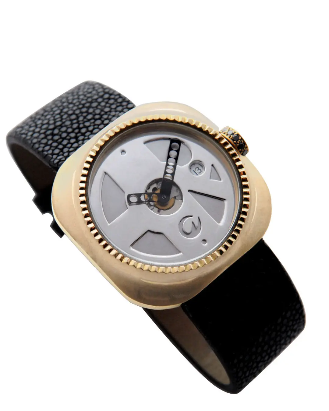 Montre sur-mesure en or jaune, or blanc et diamants noirs, bracelet galuchat